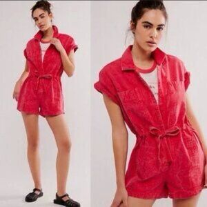 Free People Rhodes Utility Chino Coverall Romper Coral Summer S